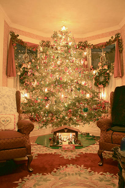 Close-up of decorated Christmas tree with seashell ornaments in elegant building interior