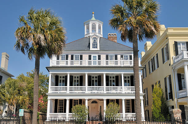 Charleston, South Carolina, USA - July 2, 2025: Traditional brick and stucco homes with palm trees showcasing the city's classic architecture.