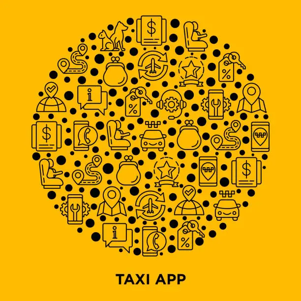 Vector illustration of Taxi app concept in circle with thin line icons: payment method, promocode, app settings, info, support service, phone number, pointer, airport transfer, baby seat. Vector illustration for print media