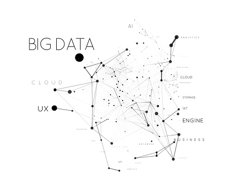 Big data concept in word tag cloud with plexud dot and line connection. Vector geometric background illustration