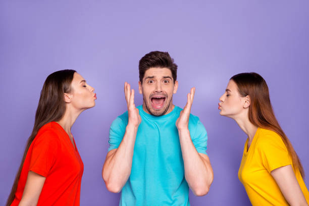 Side profile photo of handsome shouting in blue outfit macho is tired of flirt and many lovers isolated violet background Side profile photo of handsome, shouting in blue outfit macho is tired of flirt and many lovers isolated violet background ex girlfriend stock pictures, royalty-free photos & images