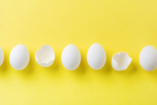 istock White raw chicken eggs lying in horizontal row with broken egg on yellow background. Top view. 1178744135