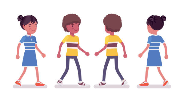 ilustrações, clipart, desenhos animados e ícones de criança do preto do menino e da menina 7 a 9 anos de passeio velho - back rear view men muscular build