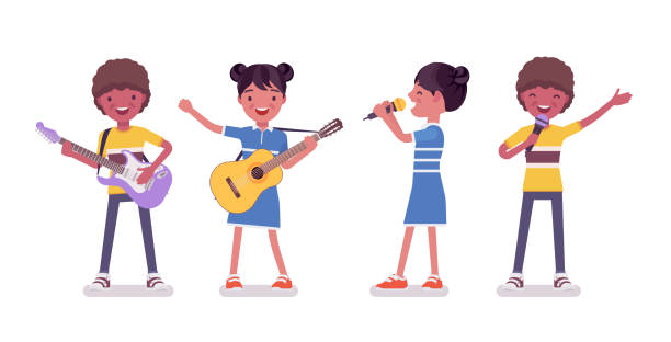 illustrations, cliparts, dessins animés et icônes de garçon, enfant noir de fille 7 à 9 ans jouant la guitare, chantant - 6 7 years illustrations