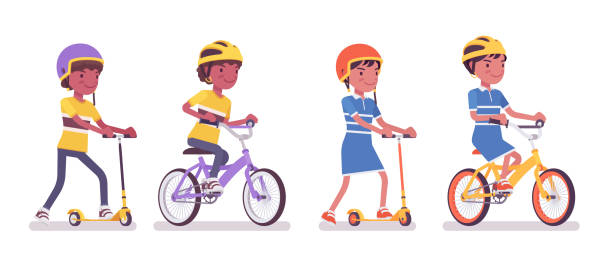 illustrations, cliparts, dessins animés et icônes de garçon, enfant noir de fille 7, 9 ans, scooter de coup de pied de conduite, vélo - 6 7 years illustrations