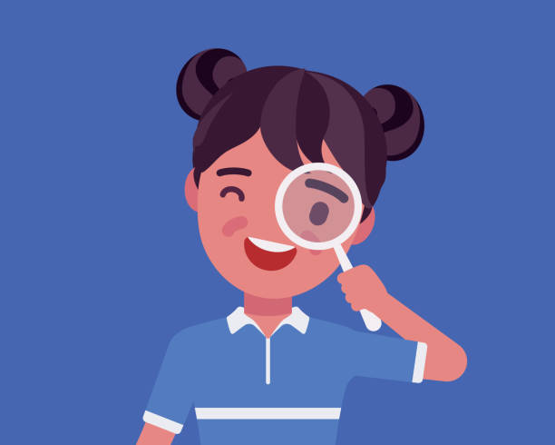 Girl with magnifying glass Girl with magnifying glass. Schoolgirl looking through hand lens, searching focus, data, information, scientific research, safe kids internet browsing and study. Vector flat style cartoon illustration detective illustrations stock illustrations