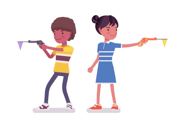 мальчик, девочка черный ребенок 7, 9 лет стрельба из пистолета-игрушка - female 8 9 years child excitement stock illustrations