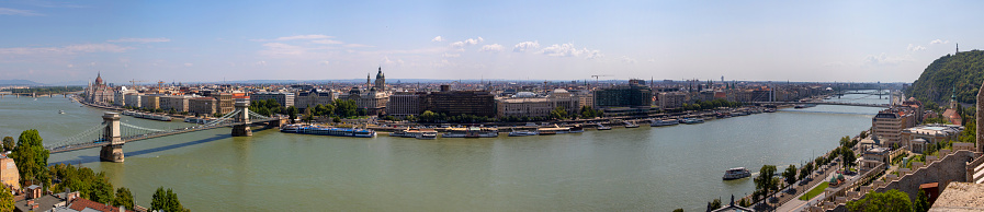 Budapest Hungary Sept 11, 2019: Panoramic view of Budapest. Historical city view from the Castle District. Many buildings, artworks are listed by UNESCO as a World Heritage site and was first completed in 1265. Panoramic Image.