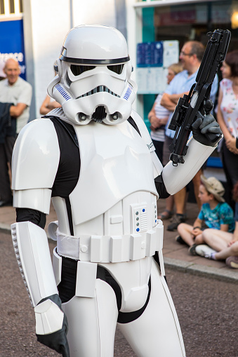 Devon, UK - August 1st 2019: A person dressed as a Stormtrooper from Star Wars, at the 2019 Teignmouth Carnival in the seaside town of Teignmouth in South Devon, UK.