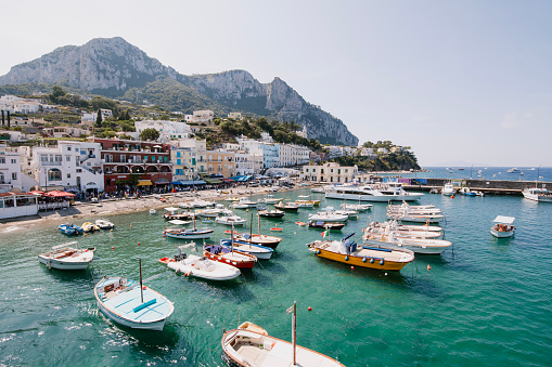 Capri, Italy - September 5, 2019: View on the harbor of Capri island: Marina Grande