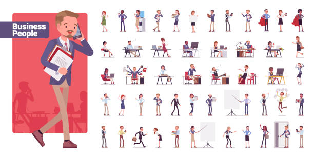 Business people big bundle character set Business people big bundle character set. Businessmen and businesswomen employed in company, working in office, white collar jobs. Vector flat style cartoon illustration isolated on white background talking on office phone stock illustrations