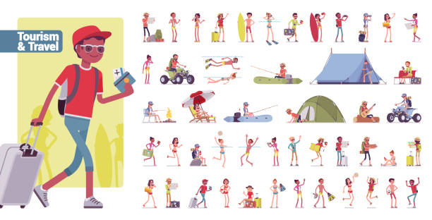 turystyka i podróże big bundle zestaw znaków - women travel tourist suitcase stock illustrations
