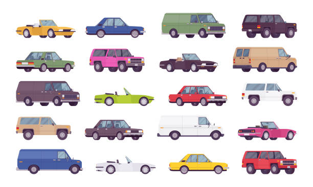 Cars big bundle set Cars big bundle set. Coupes, sedans, family trucks and hybrid vehicle collection, city transport models and country automobile. Vector flat style cartoon illustration isolated on white background family-van-driving stock illustrations
