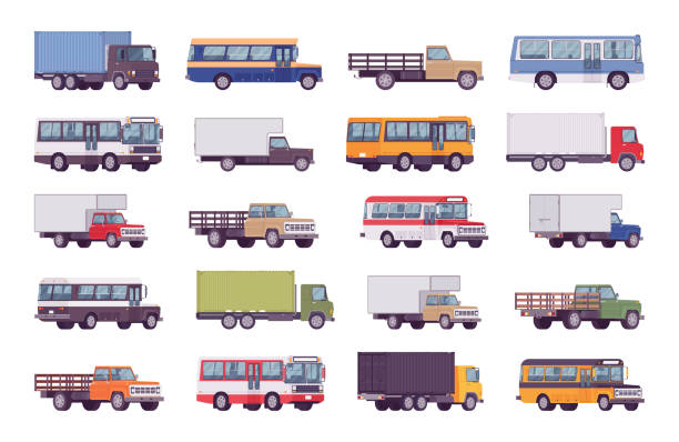 ilustrações, clipart, desenhos animados e ícones de grupo grande do pacote dos caminhões - flatbed truck truck truck driver heavy