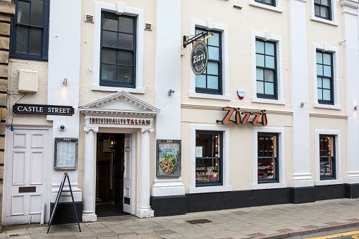 Salisbury, UK - August 3rd 2019: The Zizzi restaurant in the city of Salisbury, UK. The restaurant was infamous for being one of the last places the Skripals visited before being taken ill after the novichok nerve agent attack in 2018.