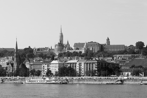 Budapest, Hungary Sept. 27, 2019: View from the Buda side of Budapest with the river Danube. River cruise liners stop at Budapest \