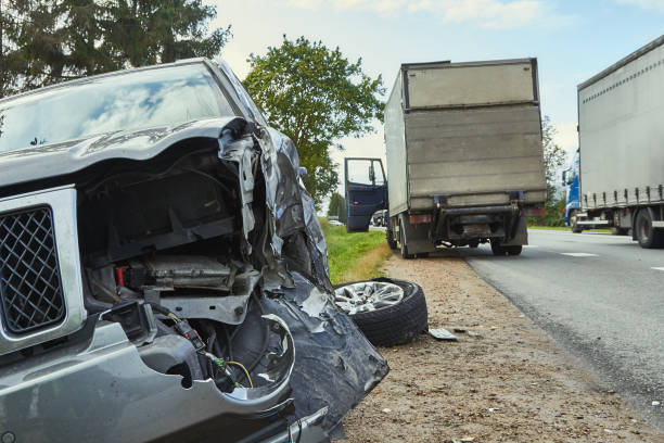 accidente en una carretera en septiembre, coche después de una colisión con un camión pesado - accidente de transito fotografías e imágenes de stock
