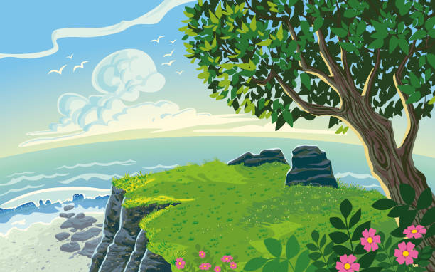 Coastline Landscape Scenery Paysage Cartoon Style Beautiful vector Illustration of a Zen Like Coastline Landscape Scenery Paysage in a Cartoon Style tropical beach and clouds scene stock illustrations