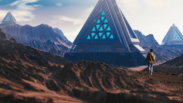 istock Woman on desert. Exploring futuristic city. Digitally generated image 1178751938
