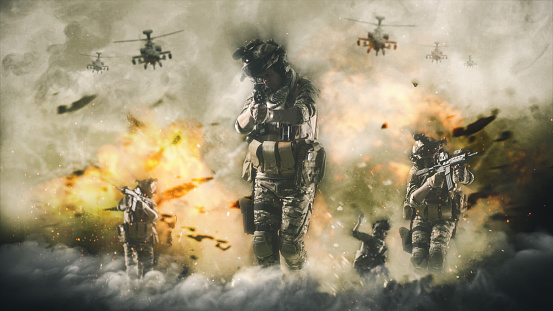 Battlefield war concept, soldiers atack helicopter and explosions