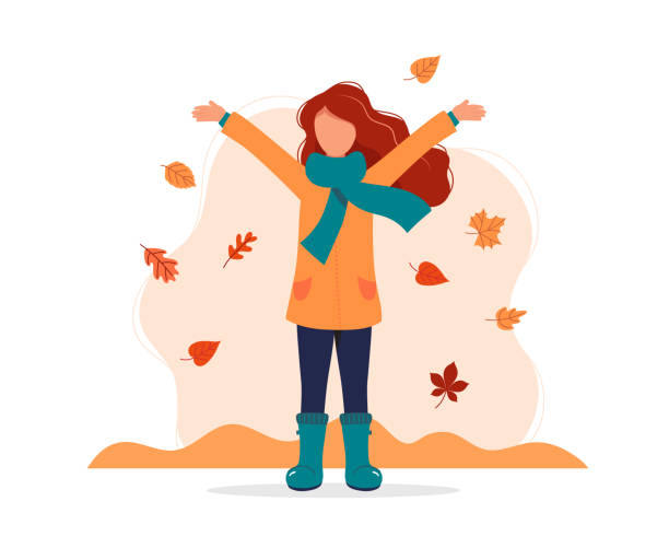 stockillustraties, clipart, cartoons en iconen met vrouw spelen met bladeren in de herfst. vector illustratie in platte stijl - herfst nederland