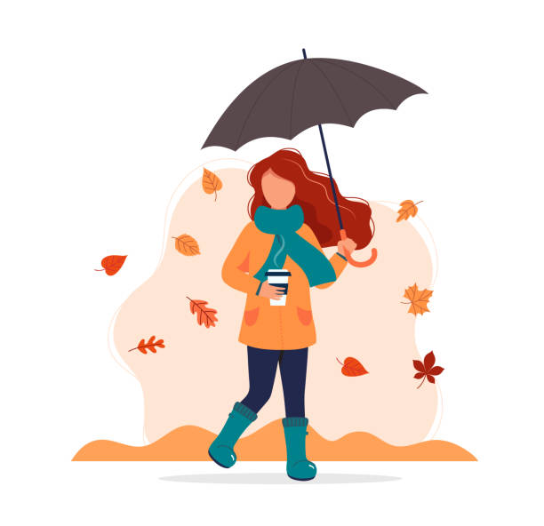 stockillustraties, clipart, cartoons en iconen met vrouw met paraplu en koffie in de herfst. vector illustratie in platte stijl - herfst nederland