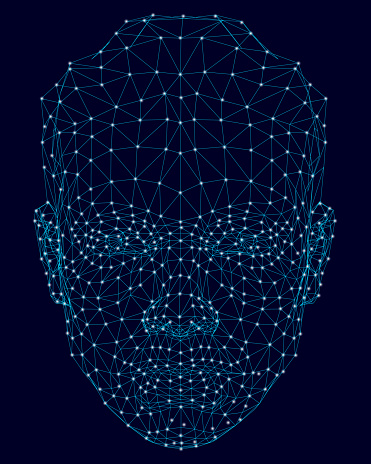 Wireframe of a human face from blue lines on a dark background with luminous lights. Front view. Digital face identification. Vector illustration.