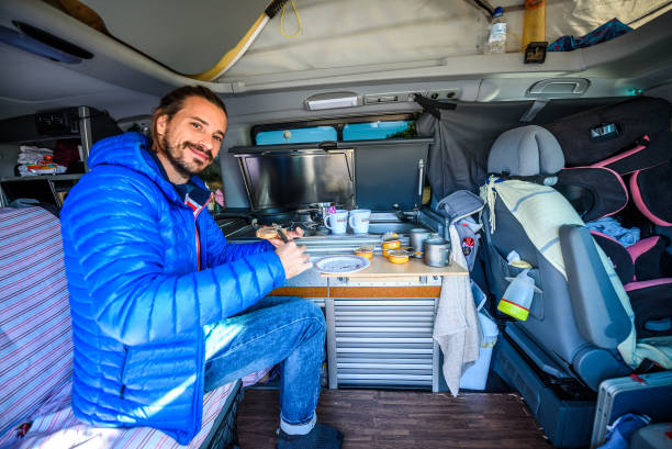 Making breakfast or lunch in campervan, motorhome or RV.
