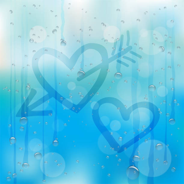 hand drawn heart and arrow Hand drawn heart and arrow symbol on wet glass. Rainy window and love sign on blue sky background. Summer or autumn romantic note positive negative slide stock illustrations
