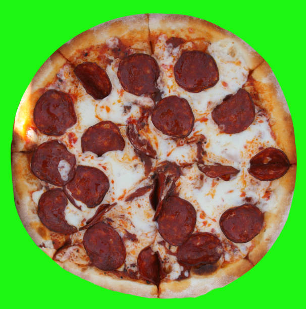 Pizza with sausage round color on green background.