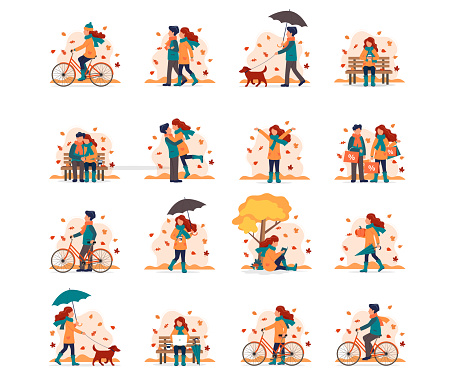 People doing different outdoor activities in autumn. Vector illustration set in flat style