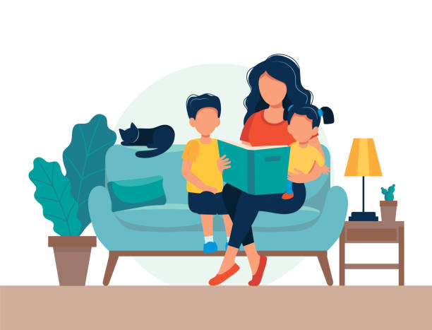 illustrazioni stock, clip art, cartoni animati e icone di tendenza di mamma che legge per i bambini. famiglia seduta sul divano con libro. illustrazione vettoriale carina in stile piatto - figlia femmina