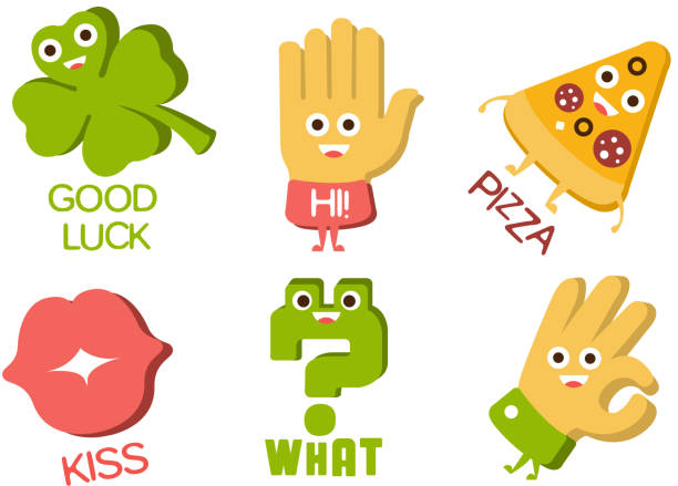 Words And Cute Cartoon Characters With Funny Faces Good Luck Hi Pizza Kiss  What Ok Sign Vector Illustration Stock Illustration - Download Image Now -  iStock