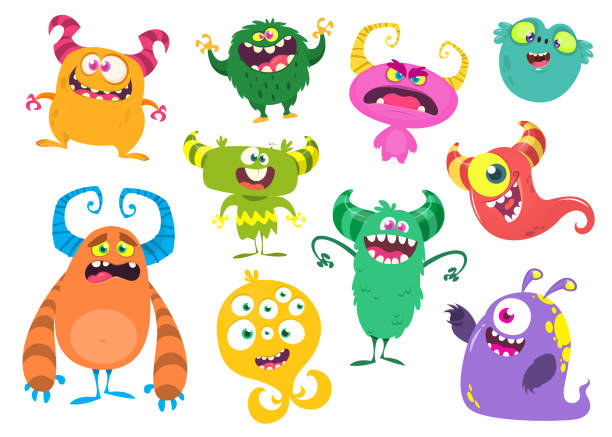 süße cartoon monster. set von cartoon-monster: kobold oder troll, zyklopen, geist, monster und aliens. halloween-design - monster stock-grafiken, -clipart, -cartoons und -symbole