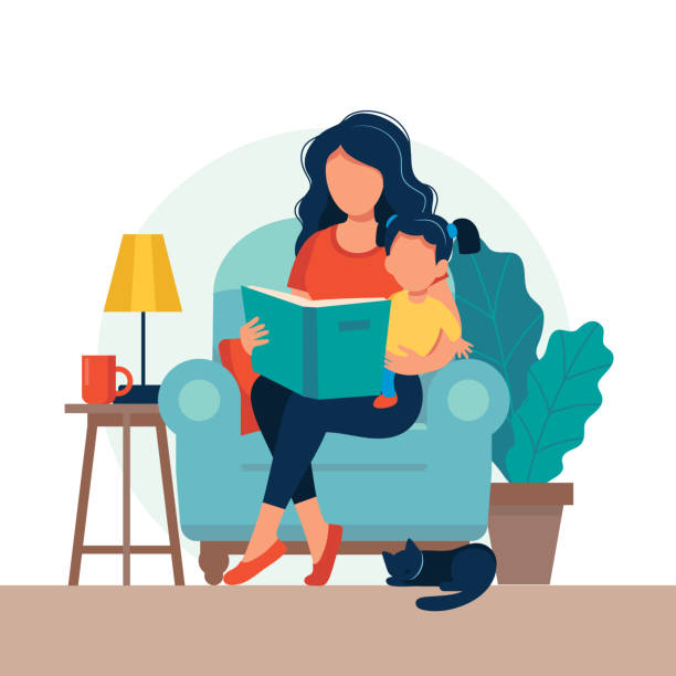 мама читает для ребенка. семья сидит на стуле с книгой. симпатичные векторные иллюстрации в плоском стиле - child book reading baby stock illustrations