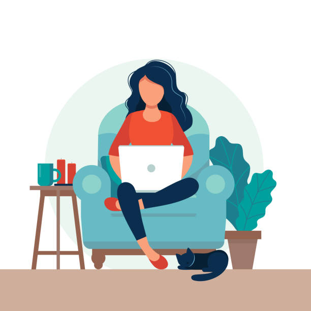 ilustrações de stock, clip art, desenhos animados e ícones de girl with laptop on the chair. freelance or studying concept. cute illustration in flat style. - usar-computador