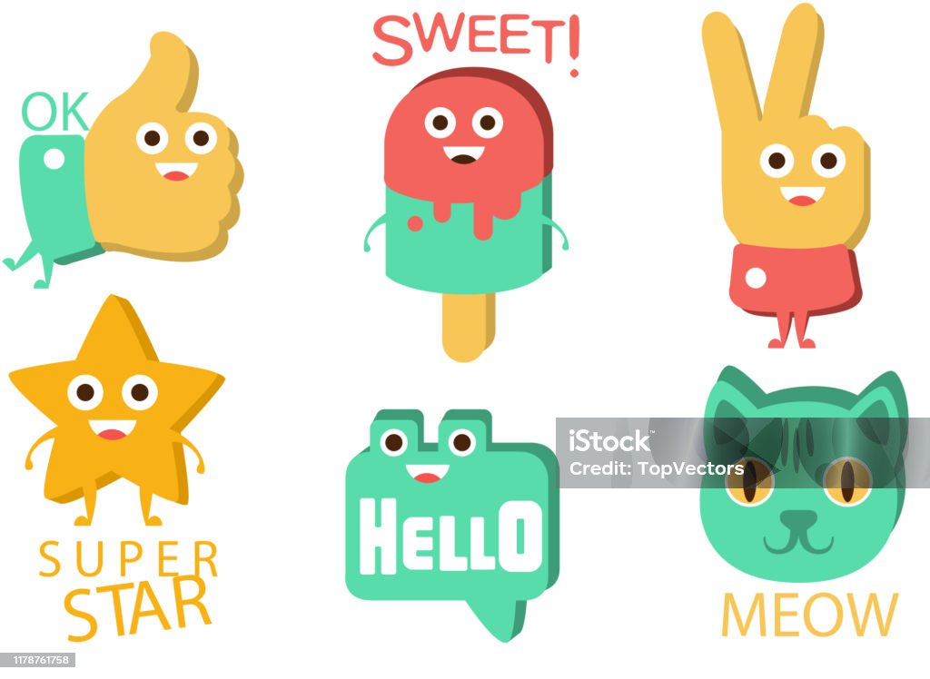 Words And Cute Cartoon Characters With Funny Faces Ok Sweet Victory Sign  Superstar Hello Meow Vector Illustration Stock Illustration - Download  Image Now - iStock