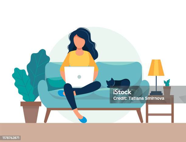 Girl With Laptop Sitting On The Chair Freelance Or Studying Concept Cute Illustration In Flat Style Stock Illustration - Download Image Now