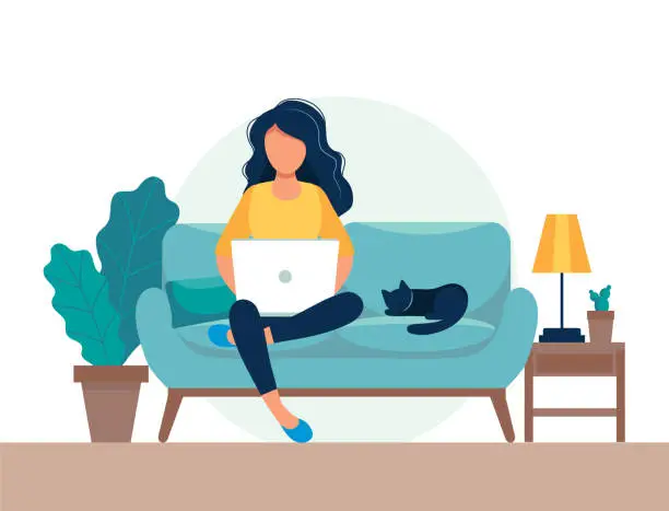 Vector illustration of girl with laptop sitting on the chair. Freelance or studying concept. Cute illustration in flat style.