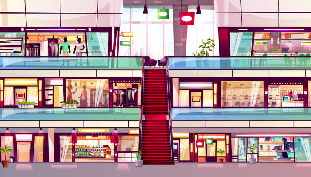 mall shops rolltreppe innenvektor-illustration - contemporary staircase design escalator stock-grafiken, -clipart, -cartoons und -symbole