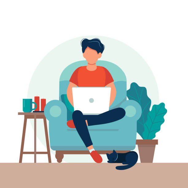 illustrations, cliparts, dessins animés et icônes de homme avec l'ordinateur portatif s'asseyant sur la présidence. freelance ou étude du concept. illustration mignonne dans le modèle plat. - laptop sofa men computer