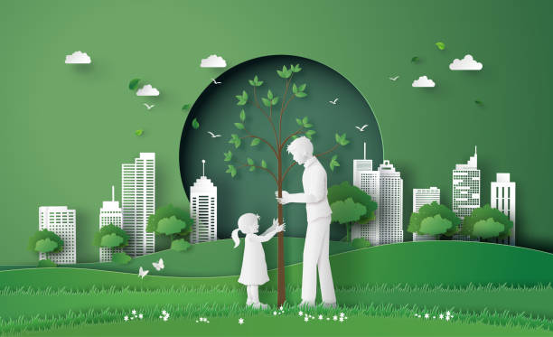 ilustraciones, imágenes clip art, dibujos animados e iconos de stock de ciudad verde con la familia - environment responsibility gear resource