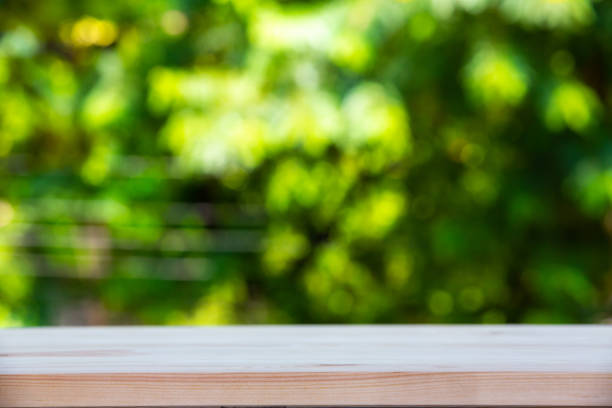 istock Empty wooden table texture, Green garden blurred bokeh background, Selective focus 1178764543