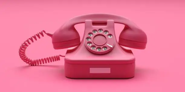 Phone pink monochrome concept. Telephone vintage pink color on pink background. 3d illustration