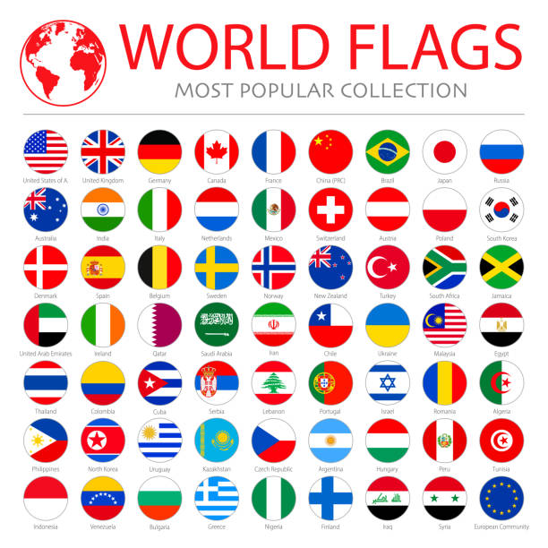 세계 플래그 - 벡터 라운드 플랫 아이콘 - 가장 인기있는 스톡 일러스트 - japanese flag stock illustrations