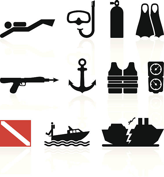 ilustraciones, imágenes clip art, dibujos animados e iconos de stock de buceo blanco y negro sin royalties de conjunto de iconos vectoriales - deep sea diving illustrations