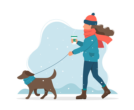 Woman walking a dog in winter. Cute vector illustration in flat style