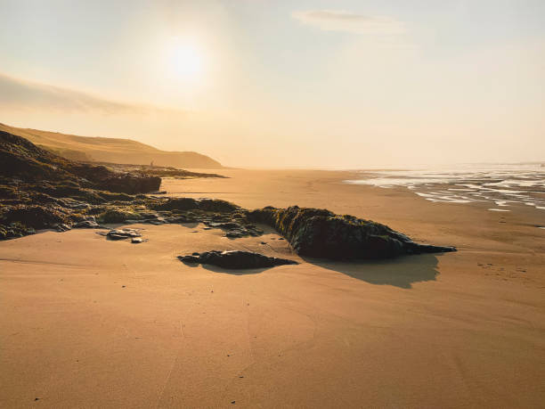 Beach with the tide out showing golden sands as the sun shines down.