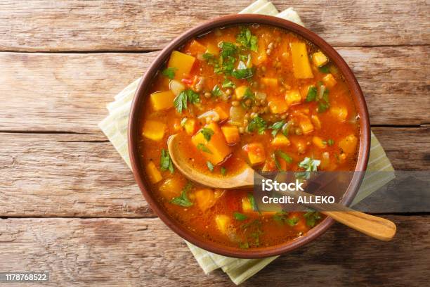 Traditional Thick Sweet Potato Soup With Lentils Close Up In A Bowl On The Table Horizontal Top View Stock Photo - Download Image Now