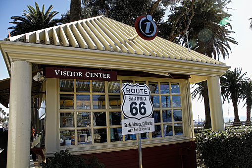 Santa Monica, CA/USA - Oct 29, 2017: Sign marking the western end of the historic Route 66 at the Santa Monica visitors center
